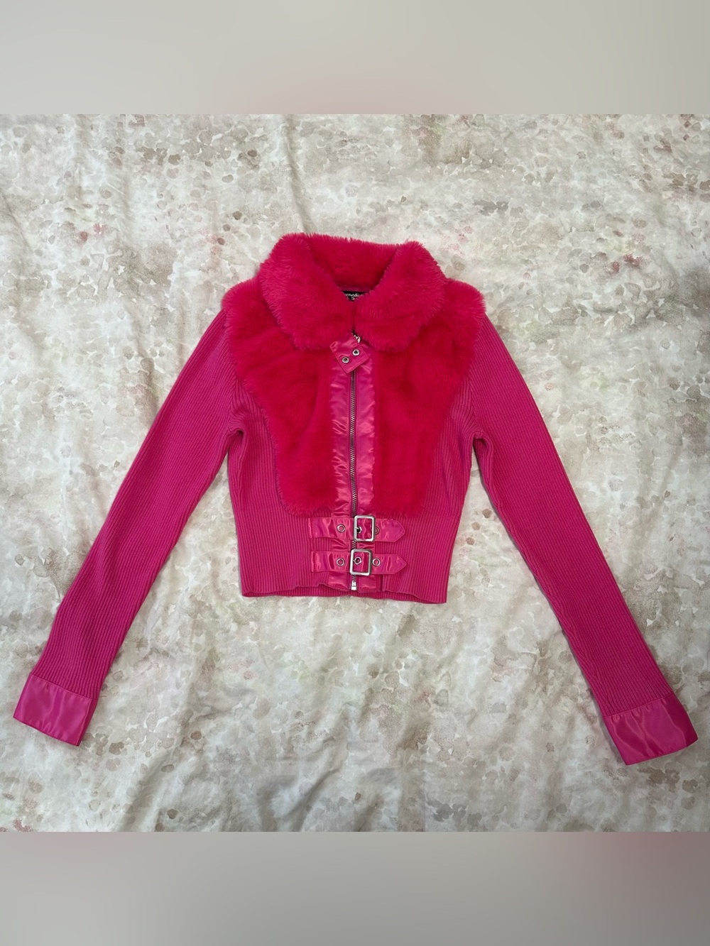 Dolls Kill Women's Hot Pink Faux Fur Trim Cropped Zip Jacket